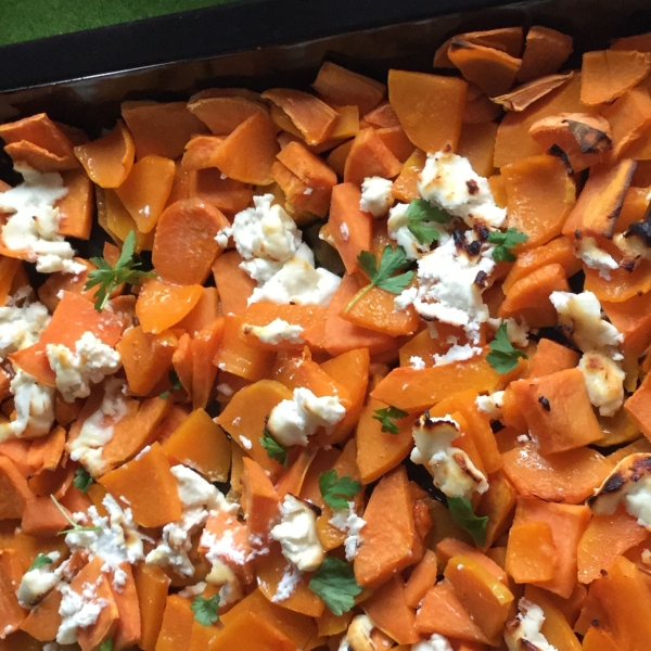 Roasted Squash and Sweet Potatoes with Goat Cheese